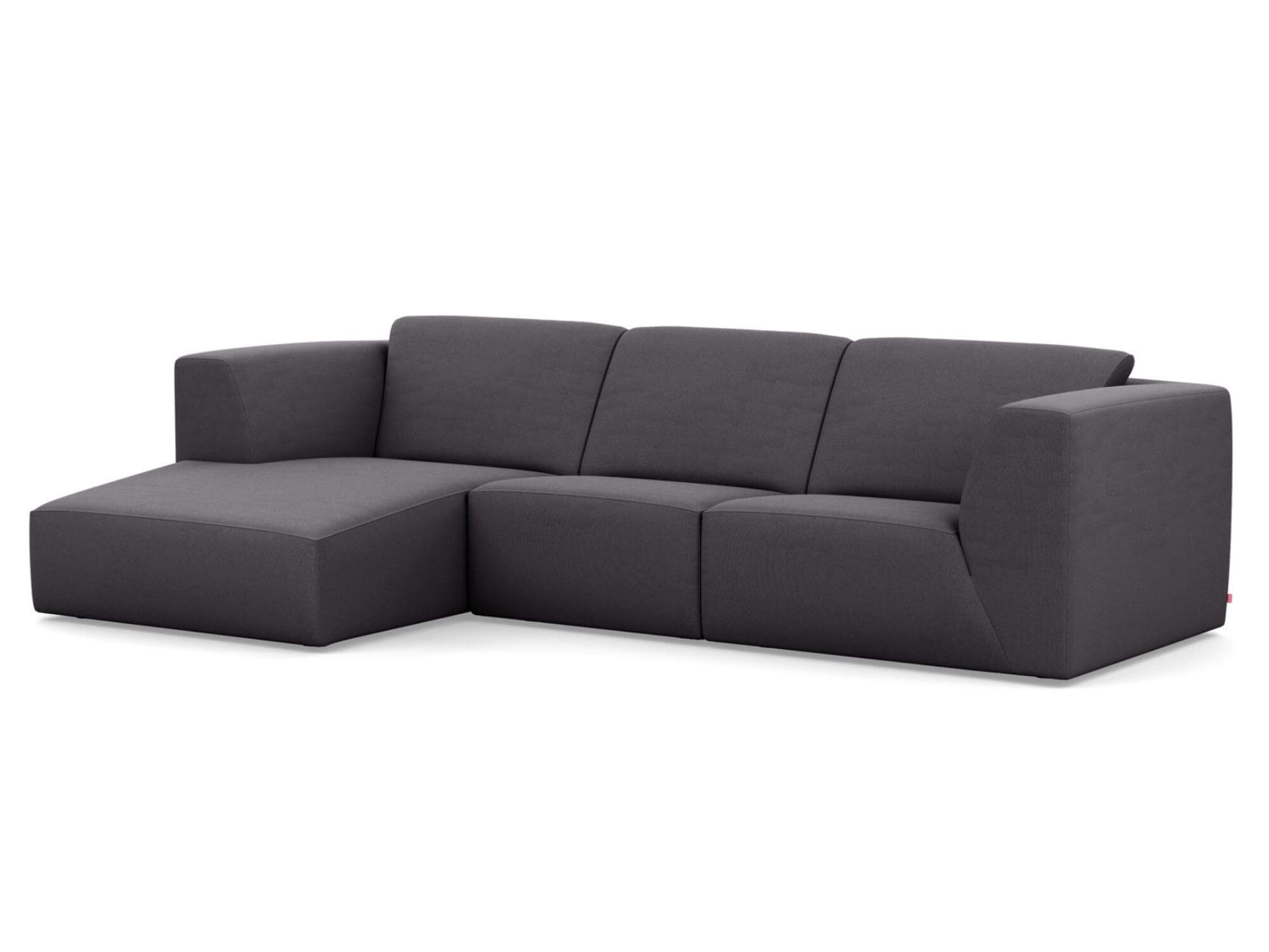 Angled view of the Morten 3-piece modular sofa with chaise in grey fabric